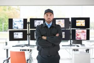 Pracownik ochrony monitorujący bezpieczeństwo na tle ekranów monitoringu